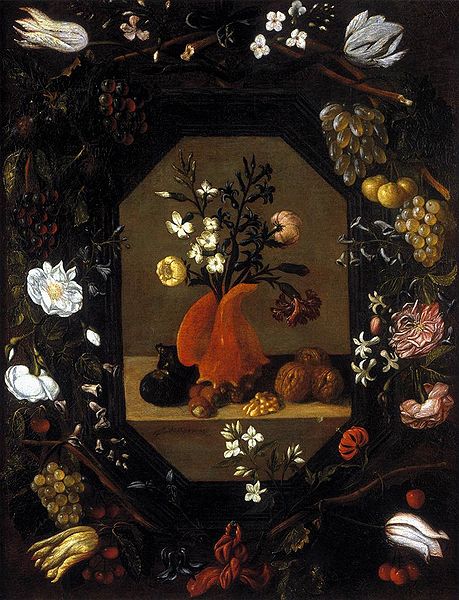 surrounded by a wreath of flowers and fruit